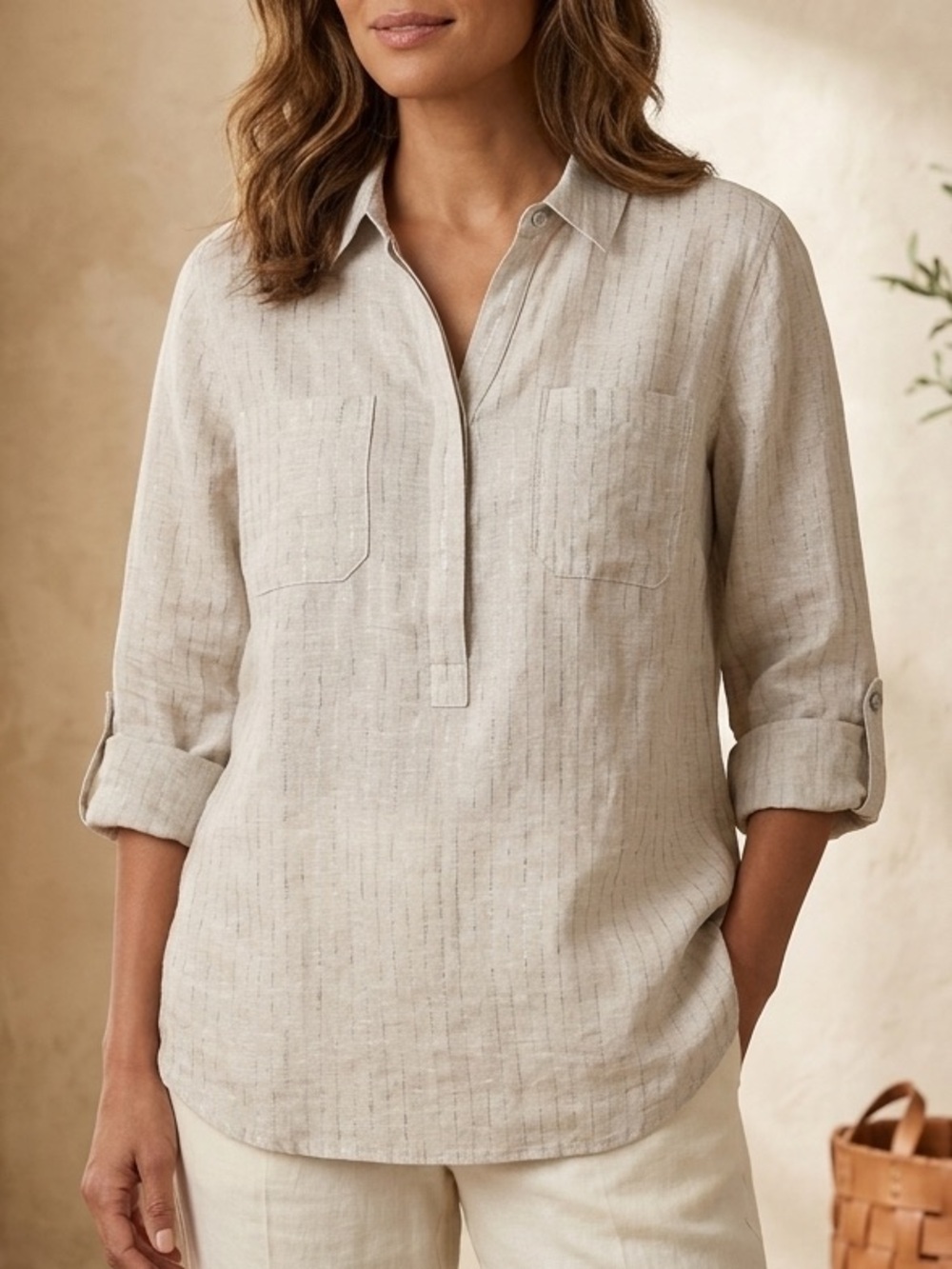 Chico's Linen Blouse 3 XL Tan Coastal Minimalist Classic Beach Kimono Boho Chic